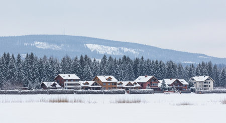 Houses in the middle of a snowy field. Winter landscape.の写真素材