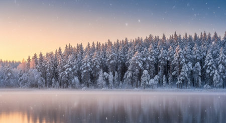 Frosty winter landscape with frozen lake and pine trees at sunsetの写真素材
