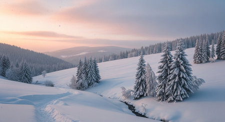 Winter landscape with snowy fir trees in mountains at sunset. Carpathian, Ukraineの写真素材