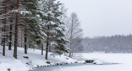 Winter landscape with frozen lake and pine trees in misty forest.の写真素材