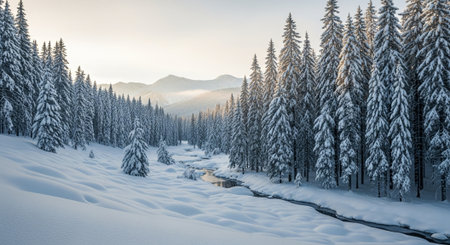 Snow covered fir trees in the Carpathian mountains, Ukraine.