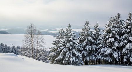 Winter landscape with snow covered fir trees on mountain slope (Carpathian, Ukraine).の写真素材