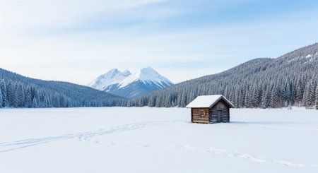 Beautiful winter landscape with snow covered mountains and wooden house in the foreground