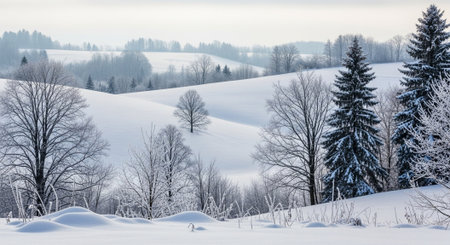 Beautiful winter landscape with snow covered trees and foggy sky.の写真素材