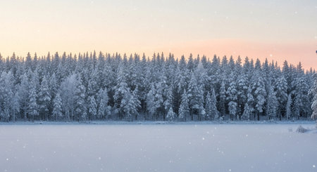 Winter landscape with snow covered trees and lake in Finland at sunset.