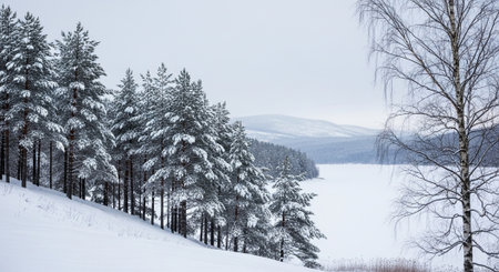 Winter landscape in the mountains. Snow-covered pine forest and lake