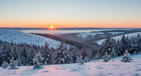 Majestic sunset in the winter mountains landscape. Dramatic wintry scene.