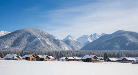 Panoramic view of the winter alpine village in the mountains