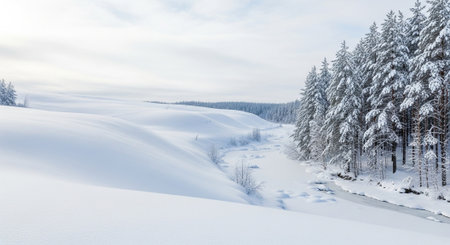 Winter landscape with snow covered forest and river. Panoramic view.