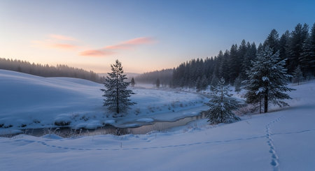 Winter landscape with snow covered trees and river at sunset. Panorama