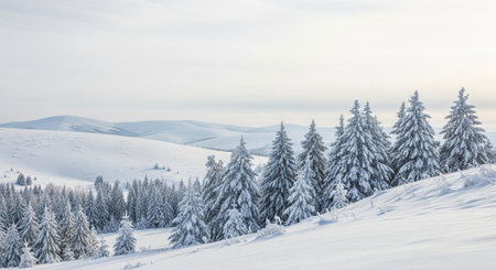 Winter landscape with snow covered fir trees on slope (Ukraine, Carpathian Mountains)の写真素材