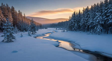 Winter landscape with river and forest at sunset. Carpathian, Ukraine
