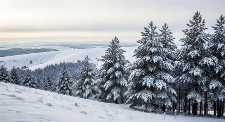 Winter landscape with snow covered fir trees on slope (Carpathian, Ukraine).の写真素材
