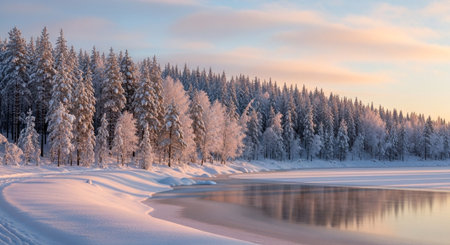 Beautiful winter landscape with frozen river and pine trees at sunset.