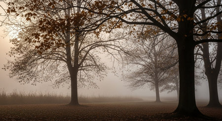 Foggy autumn morning in the forest. 3D render.の写真素材