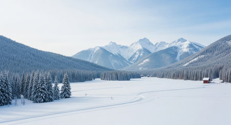 Beautiful winter landscape with snow covered fir trees in the mountains.の写真素材