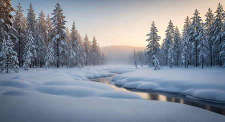 Panoramic view of a frozen river in the winter forest.の写真素材