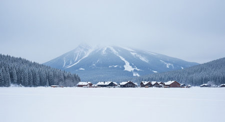 Winter landscape with snow covered mountain and wooden houses in the foreground.