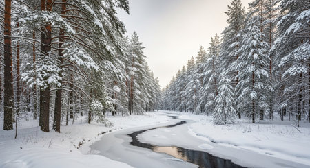 Snowy winter landscape with river and pine trees in the forest.の写真素材