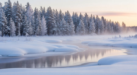 Frozen river and forest in winter at sunset. Beautiful winter landscape.