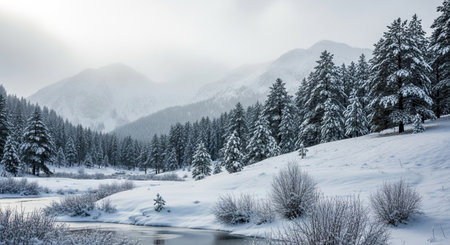Winter landscape with frozen river and snow covered fir trees in the mountains