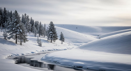 Beautiful winter landscape with a small river and snow covered trees.