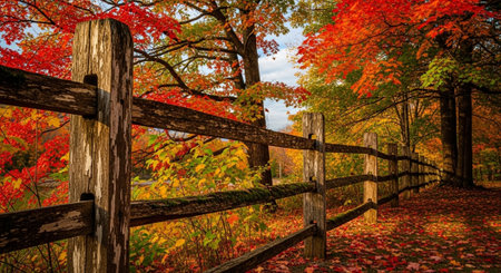 Autumn landscape with a wooden fence in the woods. Fall season.