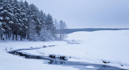 Beautiful winter landscape with a frozen river in the forest. Toned.