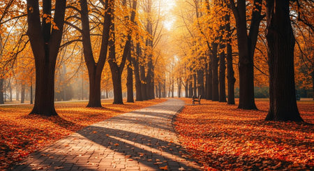 Autumn park alley in the morning. Beautiful autumn landscape with trees, bench and path.