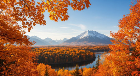 Beautiful autumn landscape with lake and mountains. Panoramic view.