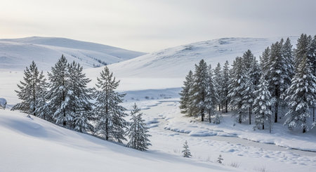 Winter landscape with snow covered fir trees on the hillside (Carpathian, Ukraine)の写真素材