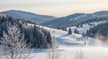 Winter landscape with snow covered trees in the Carpathian mountains.の写真素材