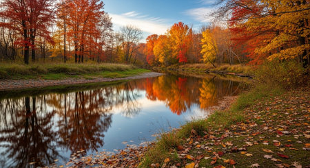 Autumn landscape with river and colorful trees. Beautiful autumn landscape.の写真素材
