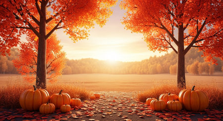 Autumn landscape with pumpkins and fallen leaves. 3d renderの写真素材