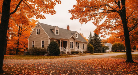 Autumn in the park. Beautiful landscape with maple trees and house.