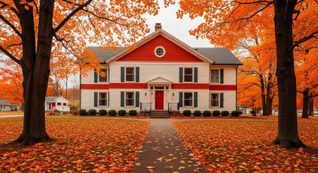 Autumn landscape with colorful maple trees and old school buildingの写真素材