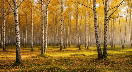 Autumn birch grove with yellow leaves and sunbeamsの写真素材