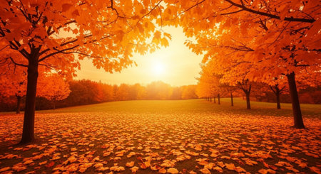 Autumn park with yellow leaves and sun rays. Beautiful nature backgroundの写真素材