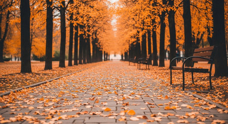 Autumn alley in the city park with fallen leaves and benches.