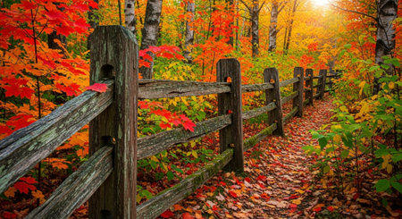 Wooden fence in the autumn forest. Beautiful fall landscape with fallen leaves.の写真素材