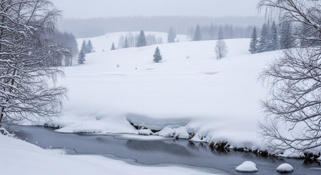 Winter landscape with snow covered trees and river in bavaria.