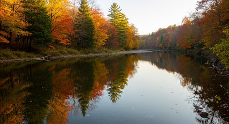Autumn landscape with a river and colorful trees in the forest.
