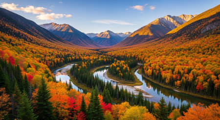 Colorful autumn alpine landscape with river, mountains and colorful forest.の写真素材