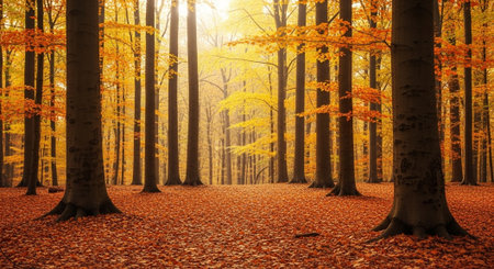 Autumn forest landscape. Beautiful nature scene with autumn trees and sunlightの写真素材