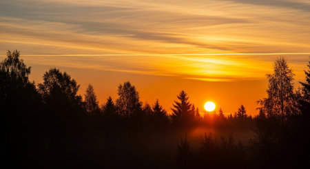 Sunset over the forest in the summer. Beautiful nature background.の写真素材