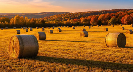 Hay bales on the field at sunset. Beautiful autumn landscape.の写真素材
