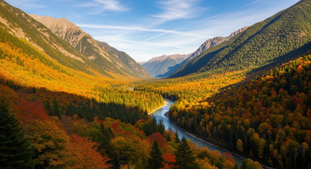Beautiful autumn landscape with mountain river and colorful forest in the mountainsの写真素材