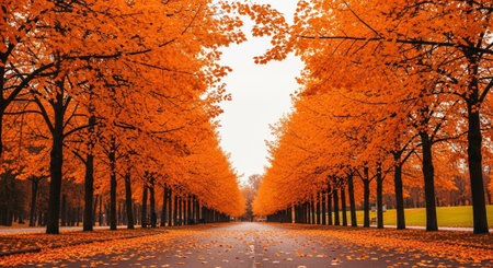 Autumn alley with fallen leaves in the park. Beautiful landscape.