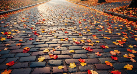 Autumn leaves on the cobblestone road in the park.