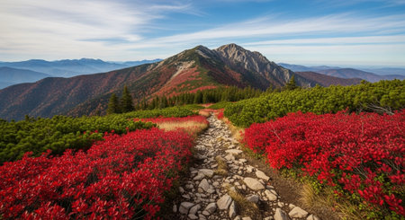 Panoramic view of autumn mountain landscape with red rhododendron flowersの写真素材